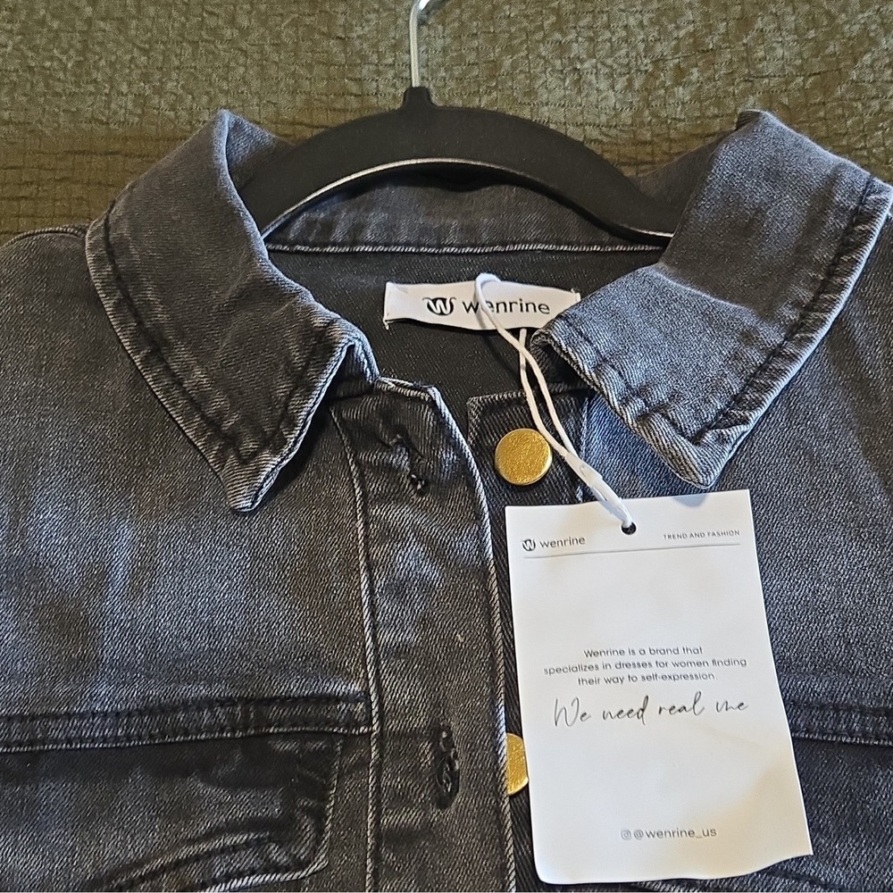 Wenrine Charcoal Grey Short Sleeve Denim Shirt Dress with Pockets Women's Small - Picture 4 of 10